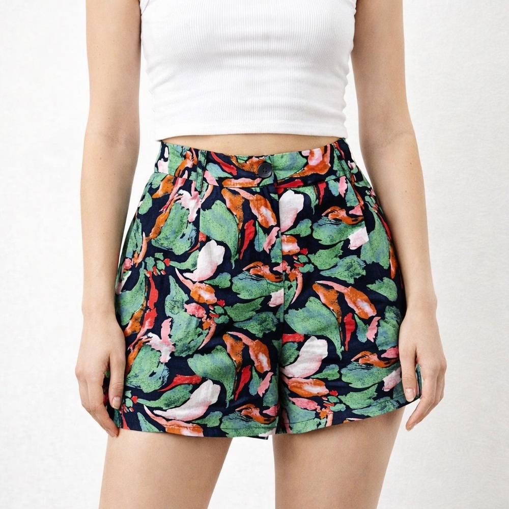 Frank & Oak High Waist Floral Print Shorts in Navy, Green, Pink, Orange